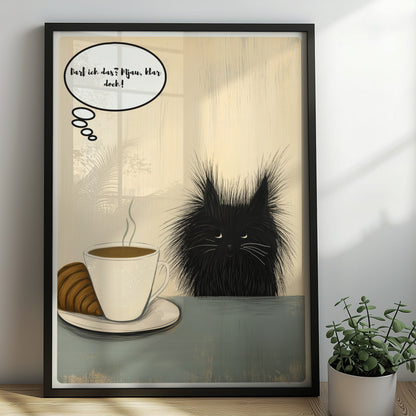 Süßes Katzenbaby mit Cafe und Croissant mit Sprechblase und Text "Darf ich das? Mjau klar doch"